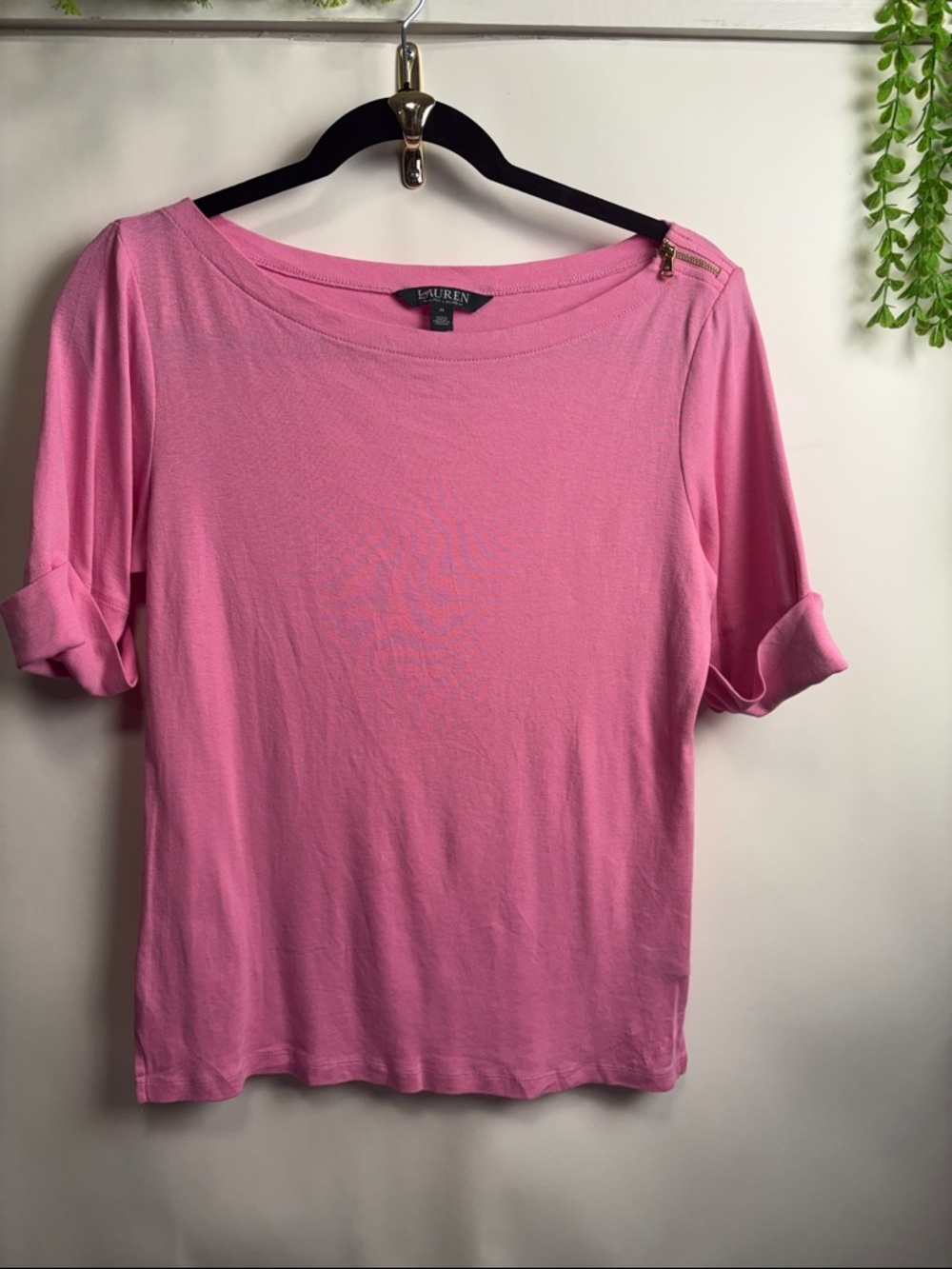 Lauren Ralph Lauren Pink Roll-Tab Boatneck Short Sleeve Top